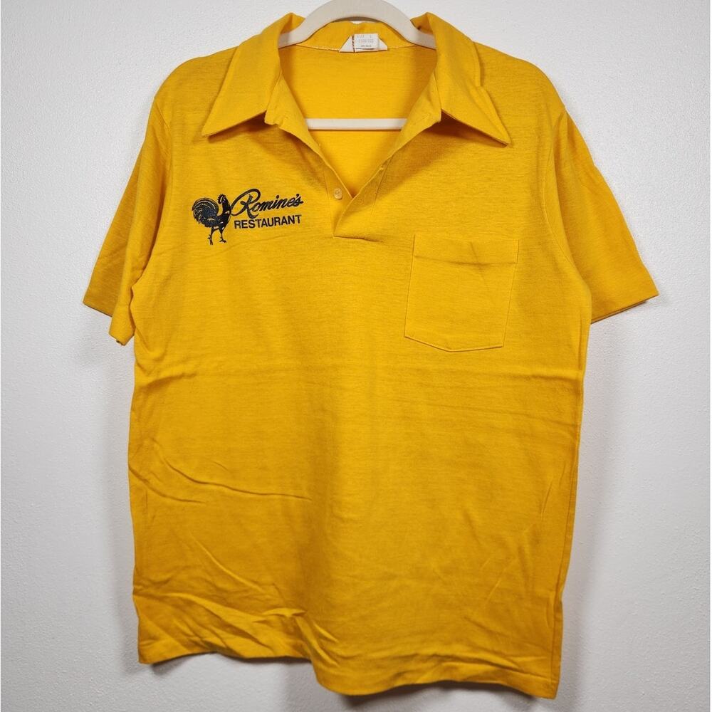 Vintage 70s Romines Restaurant Chicken Polo Yellow Shirt Hippie Groovy Whang